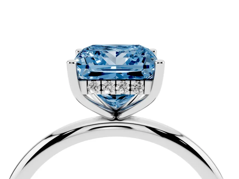 Princess Cut Micro-Prong Hidden Halo Engagement Ring Setting for a Fancy Blue Lab-Grown Diamond | Plain Band | Platinum