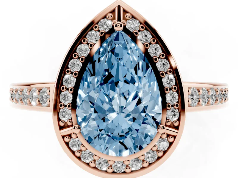 Fancy Blue Pear Cut Diamond Halo Pavé Split Shank Ring Set in Rose gold with Prong Setting
