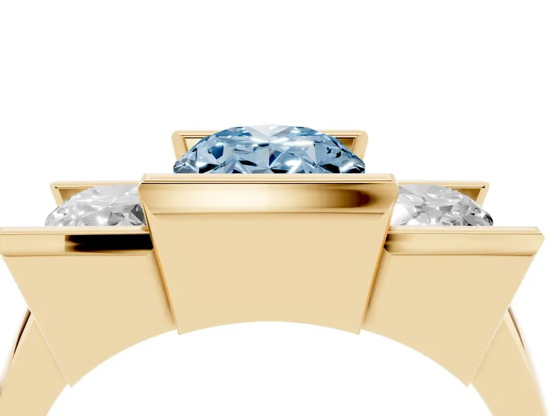 Fancy Blue Oval Cut Diamond Three-Stone Channel Set Ring Set in Yellow gold with Smooth Polished Band