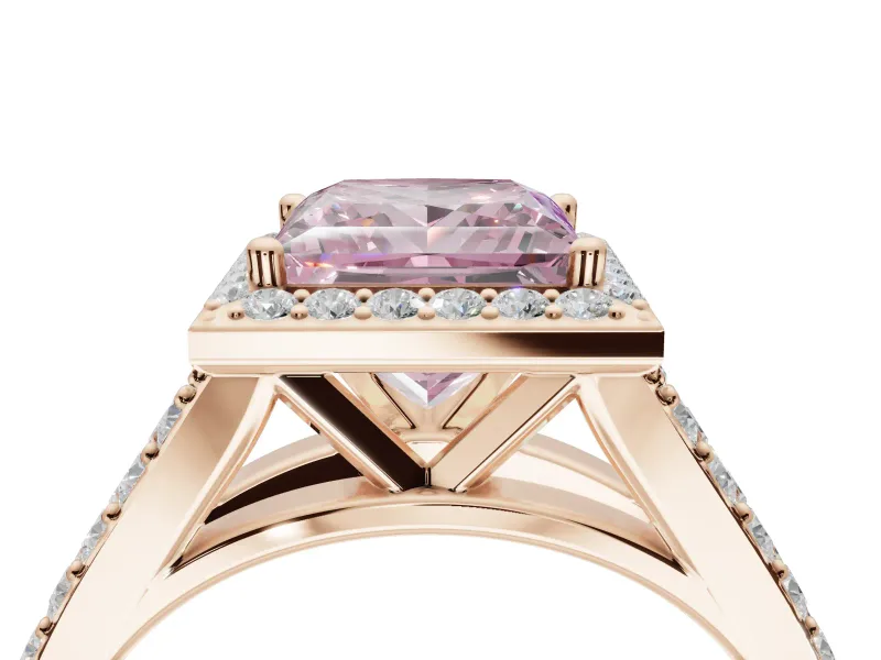 Princess Cut Halo Pavé Engagement Ring Setting for a Fancy Pink Lab-Grown Diamond | Narrow Split Shank | Rose Gold
