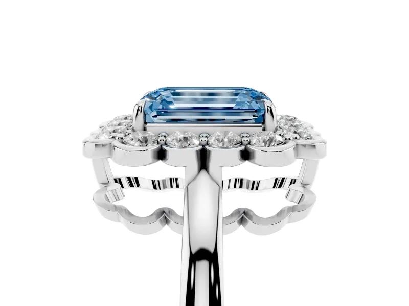 Emerald Cut Scalloped Cluster Halo Engagement Ring Setting for a Fancy Blue Lab-Grown Diamond | Plain Band | Platinum