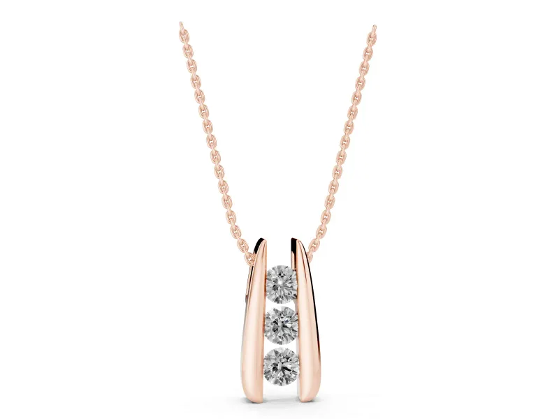 Round Lab-Grown Diamond Three-Stone Channel Set Drop Pendant | U-Shaped Base | Rose Gold