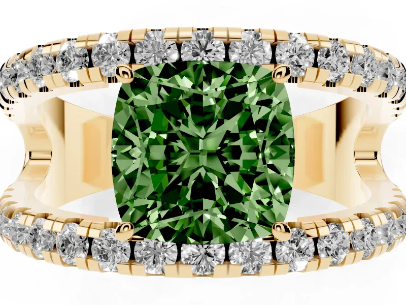 Cushion Cut Pavé Engagement Ring Setting for a Fancy Green Lab-Grown Diamond | Yellow Gold - Design NV-24679