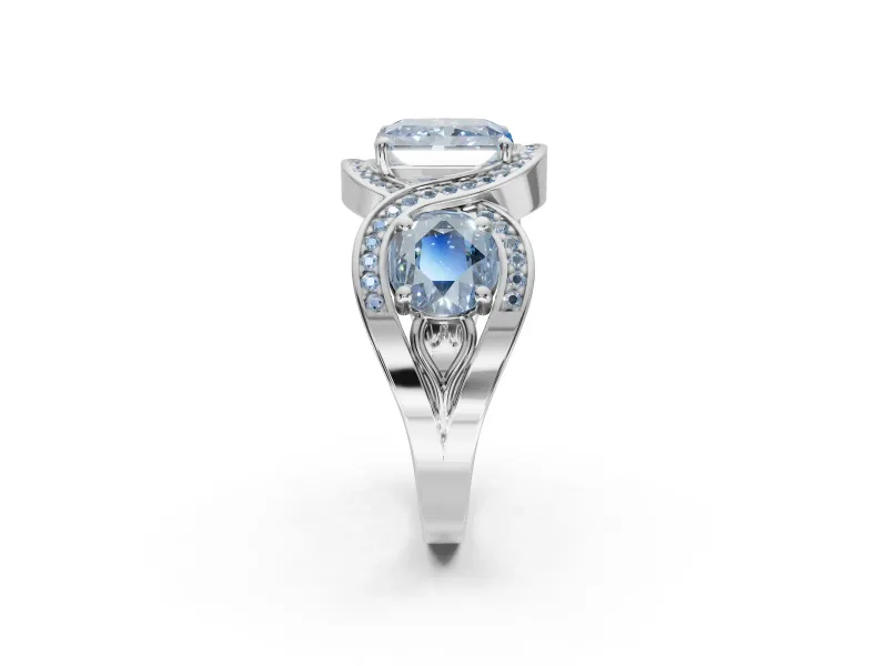 Radiant Cut Three Stone Engagement Ring Setting for a Fancy Blue Lab-Grown Diamond | Pavé Wave Band | Sterling Silver