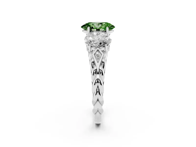 Fancy Green Oval Cut Diamond Three-Stone Ring Set in Silver with Braided Band