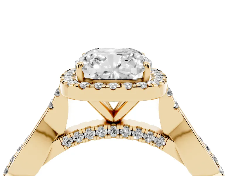 Cushion Cut Halo Engagement Ring Setting | Pavé Twist Band | Yellow Gold