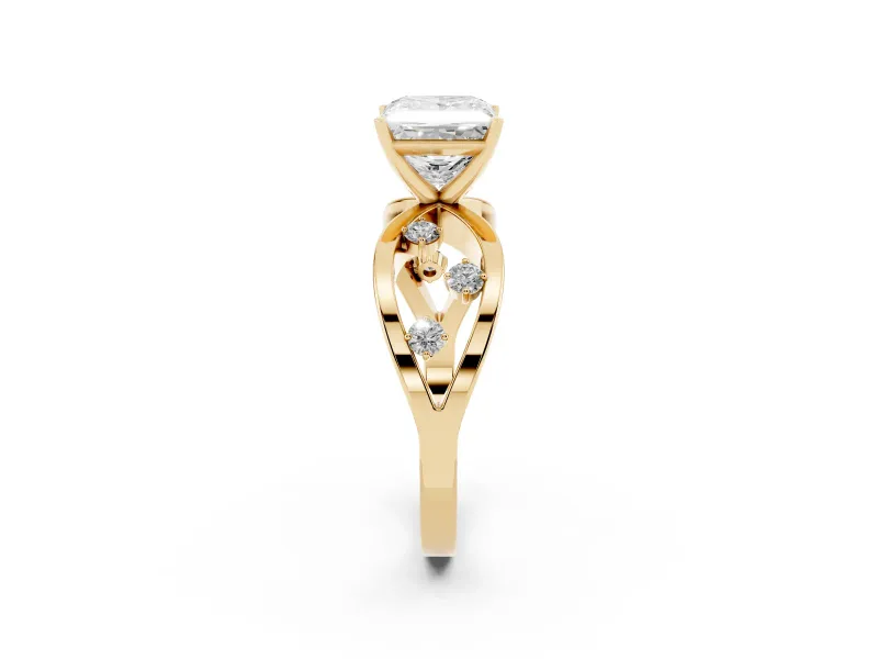 Princess Cut Diamond Solitaire Ring Set in Yellow gold with Side Stones on Criss-Cross Band and Prong Setting