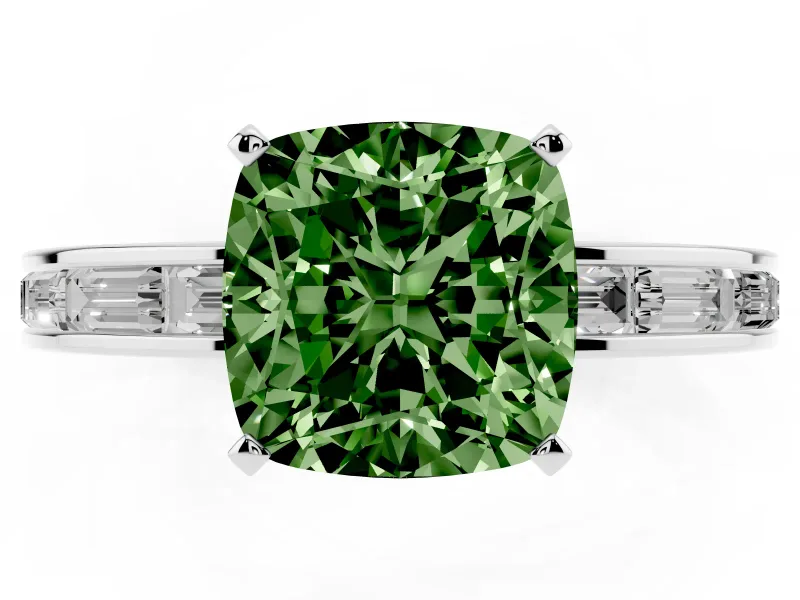Fancy Green Cushion Cut Diamond Solitaire Ring Set in Platinum with Channel-Set Baguette Band and Prong Setting