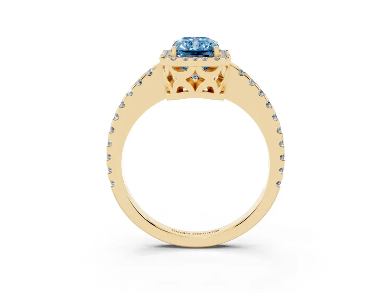 Radiant Cut Pave Halo Engagement Ring Setting for a Fancy Blue Lab-Grown Diamond | Yellow Gold