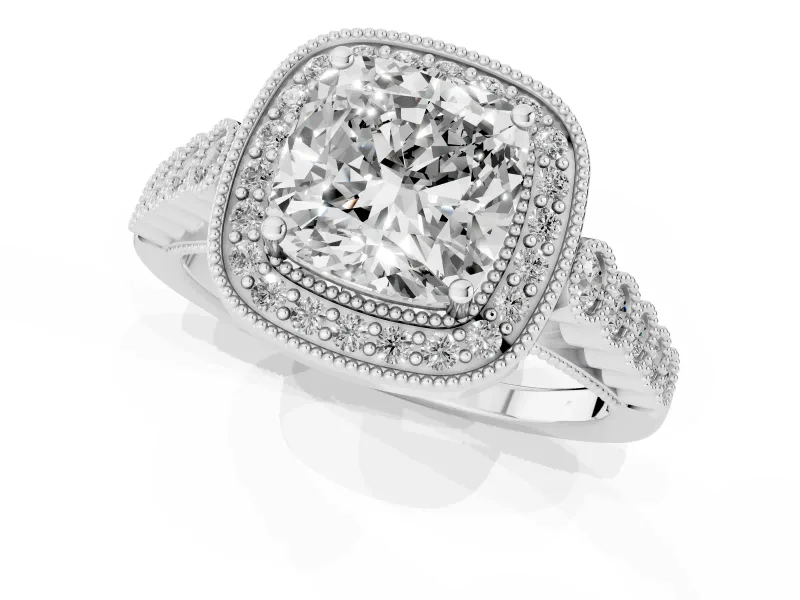 Cushion Cut Milgrain Halo Engagement Ring Setting | Graduated Bezel Accents | Sterling Silver