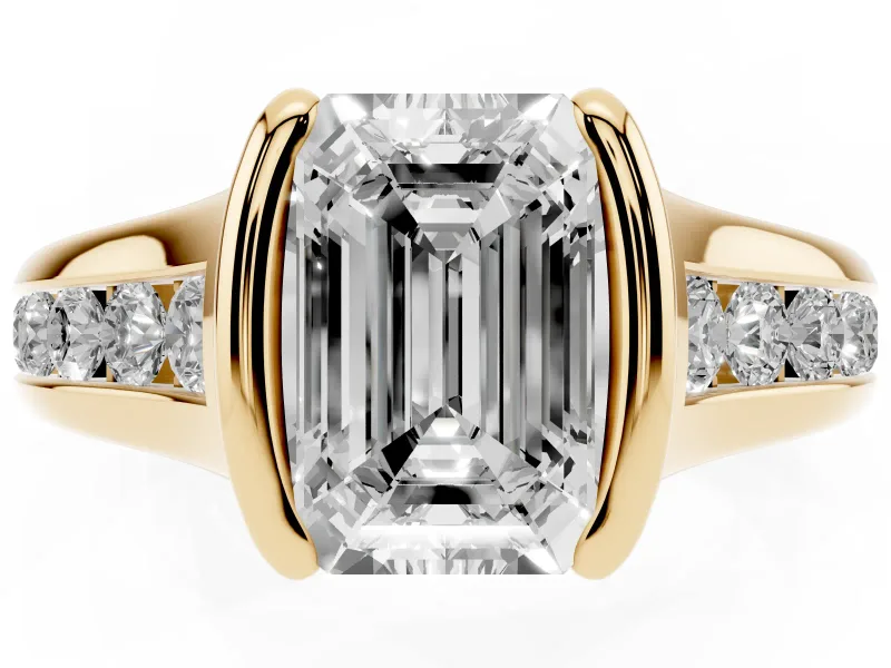 Emerald Cut Half Bezel Solitaire Engagement Ring Setting | Graduated Channel Band | Yellow Gold