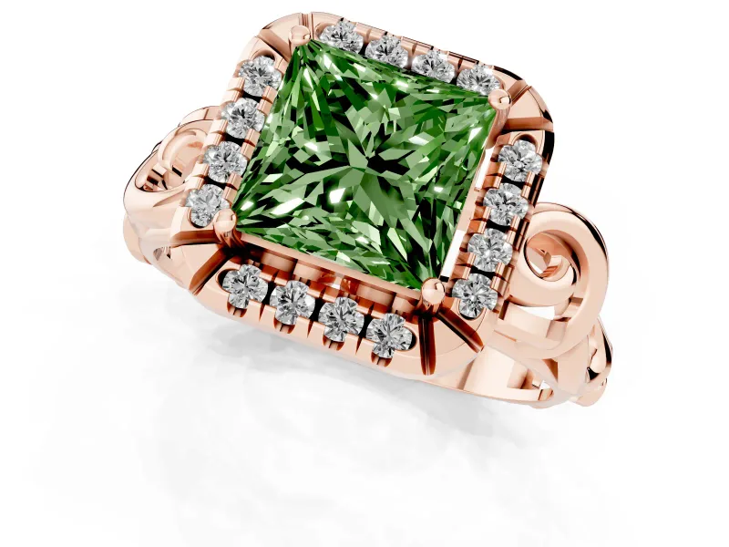 Fancy Green Princess Cut Diamond Halo Ring Set in Rose gold with Scrollwork Band and Prong Setting