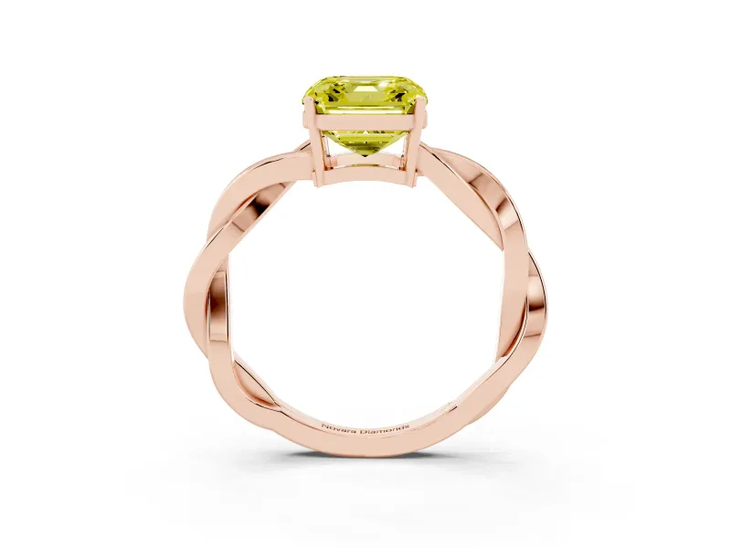 Fancy Yellow Asscher Cut Diamond Solitaire Twisted Pavé Ring Set in Rose gold with Prong Setting