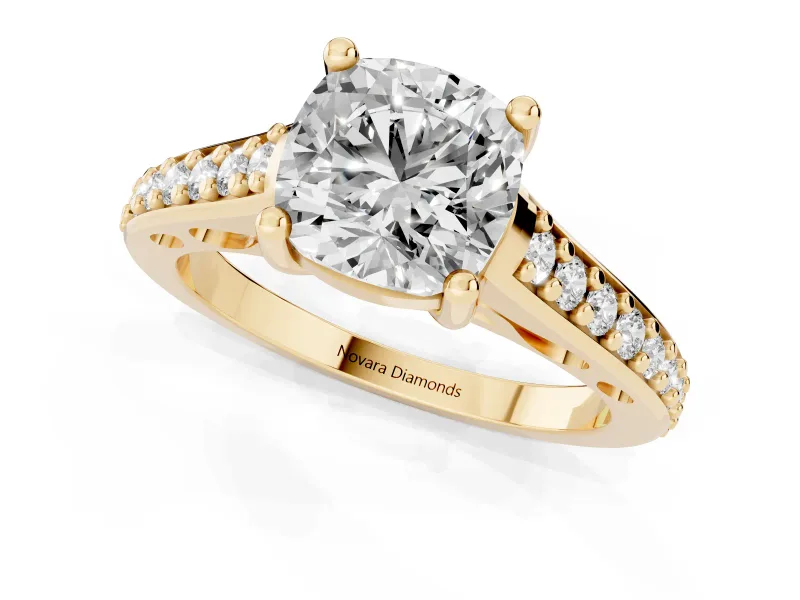Cushion Cut Graduated Pave Cathedral Engagement Ring Setting | Scroll Cut-Outs | Yellow Gold