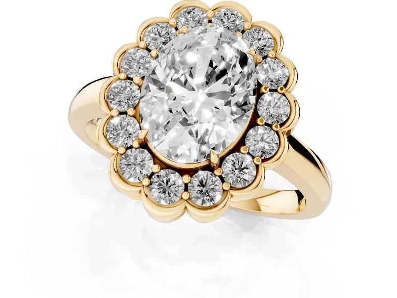 Oval Scalloped Cluster Halo Engagement Ring Setting | Plain Band | Yellow Gold
