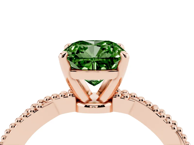 Fancy Green Cushion Cut Diamond Solitaire Ring Set in Rose gold with Twisted Band and Bead Prong Setting
