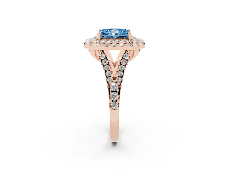Radiant Cut Halo Split Shank Engagement Ring Setting for a Fancy Blue Lab-Grown Diamond | Pavé Strands | Rose Gold