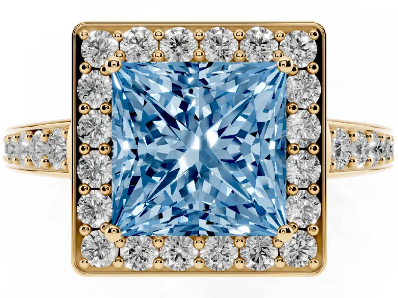 Princess Cut Framed Halo Engagement Ring Setting for a Fancy Blue Lab-Grown Diamond | Yellow Gold