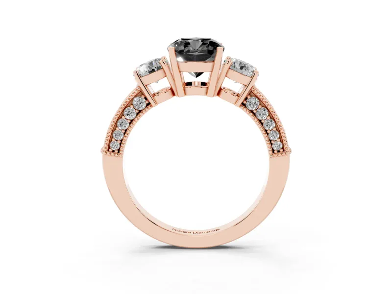 Cushion Cut Three Stone Engagement Ring Setting for a Black Center | Graduated Pavé Band | Rose Gold