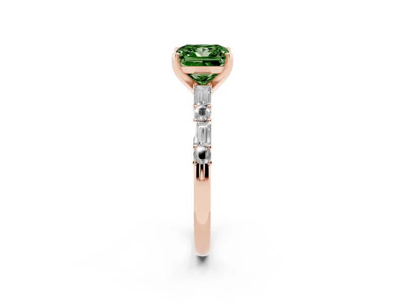 Fancy Green Princess Cut Diamond Solitaire Set in Rose gold with Side Baguettes and Channel Set Band