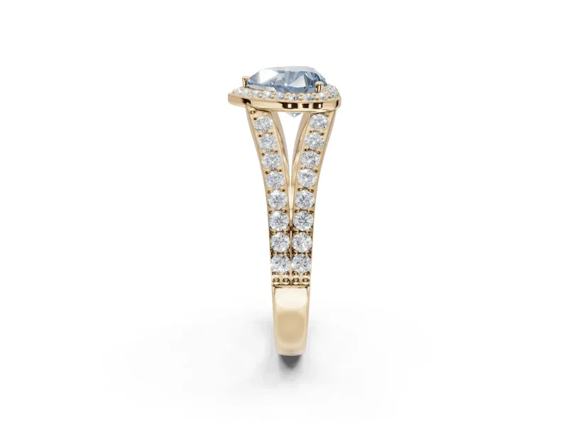 Heart-Shaped Halo Pavé Engagement Ring Setting for a Fancy Blue Lab-Grown Diamond | Narrow Split Shank | Yellow Gold