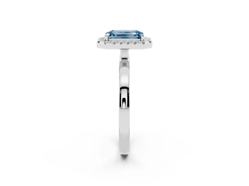 Emerald Cut Thin Halo Engagement Ring Setting for a Fancy Blue Lab-Grown Diamond | Plain Polished Band | Platinum