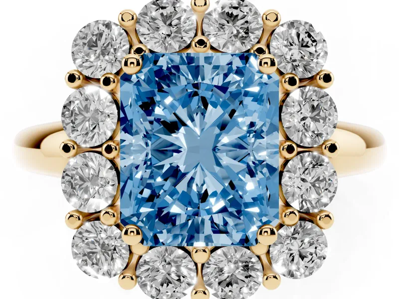 Radiant Cut Cluster Halo Engagement Ring Setting for a Fancy Blue Lab-Grown Diamond | Large Round Accents | Yellow Gold