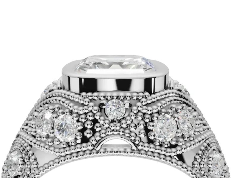 Asscher Cut Vintage Bezel Engagement Ring Setting | Beaded Paisley Shoulders | White Gold