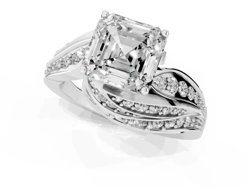 Asscher Cut Bypass Hidden Halo Engagement Ring Setting | Graduated Pavé | Sterling Silver