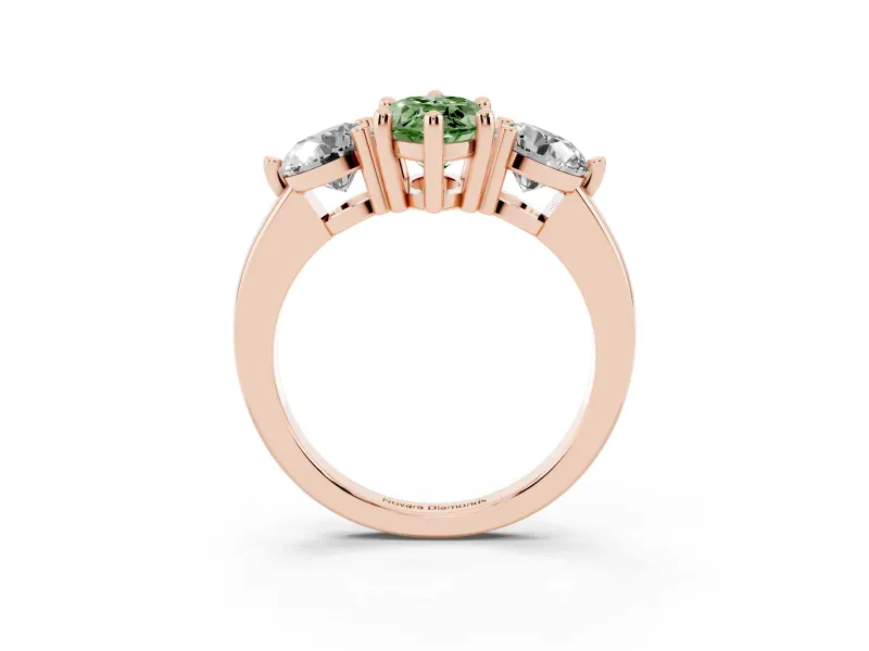 Fancy Green Marquise Cut Diamond Three-Stone Ring Set in Rose gold with Prong Setting and Classic Band
