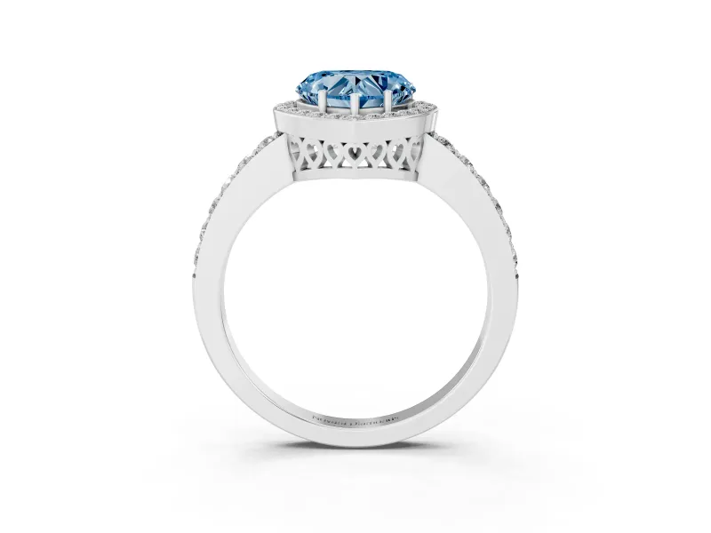 Fancy Blue Heart Cut Diamond Halo Ring Set in Platinum with Pavé-Setting Band and Open Prong Center