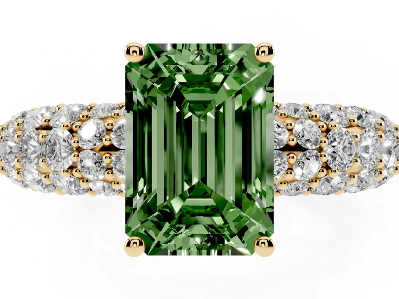 Emerald Cut Multi Row Pave Engagement Ring Setting for a Fancy Green Lab-Grown Diamond | Yellow Gold
