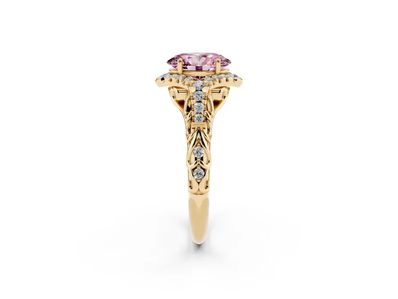 Oval Hidden Halo Filigree Engagement Ring Setting for a Fancy Pink Lab-Grown Diamond | Yellow Gold