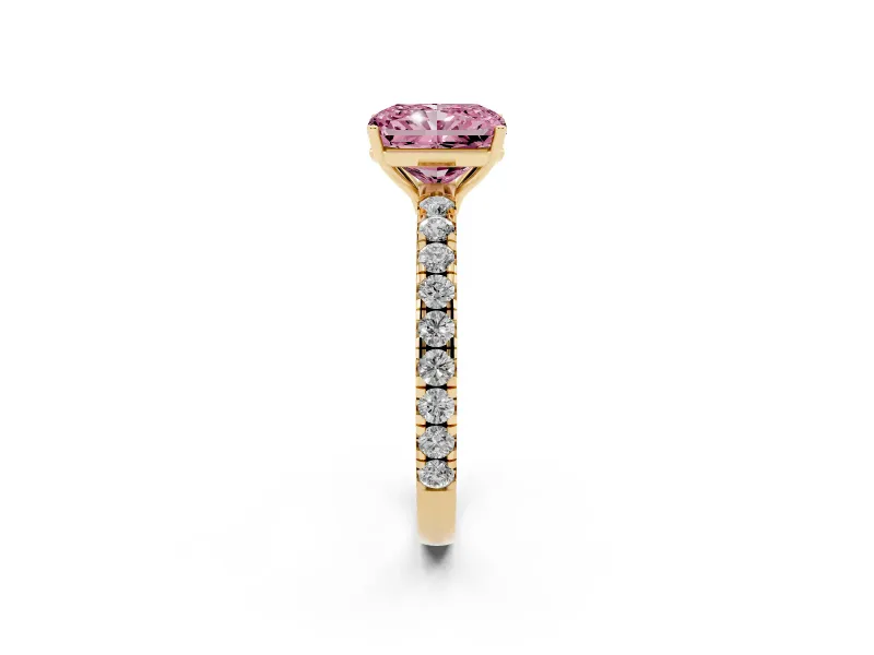 Radiant Cut Pave Solitaire Engagement Ring Setting for a Fancy Pink Lab-Grown Diamond | Shared Prong Band | Yellow Gold
