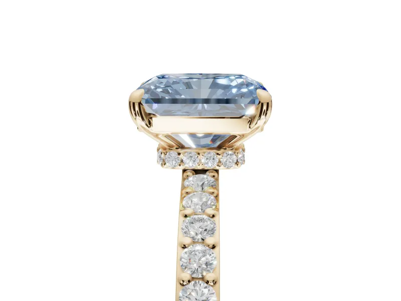 Radiant Cut Hidden Halo Engagement Ring Setting for a Fancy Blue Lab-Grown Diamond | Pavé Band | Yellow Gold