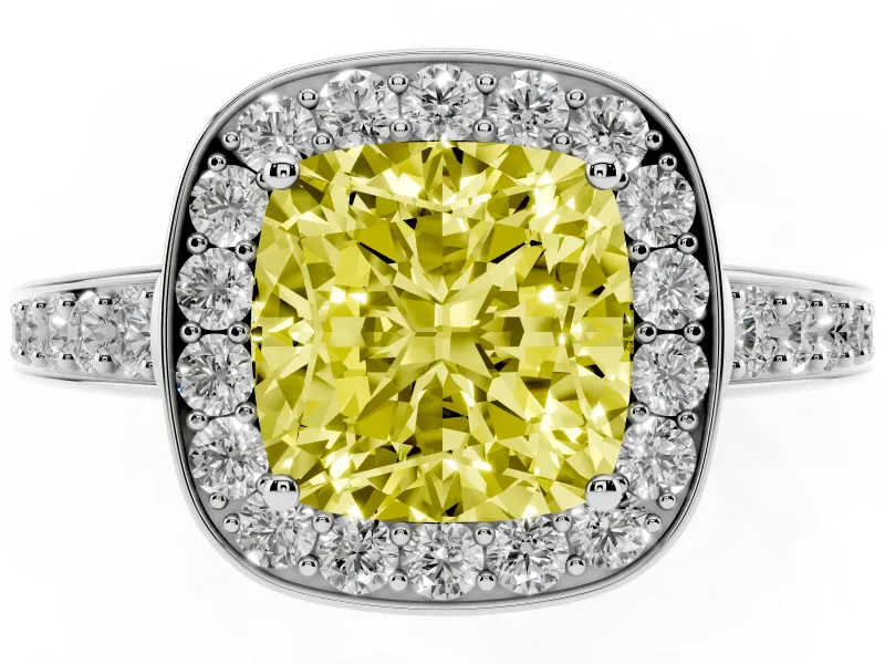 Fancy Yellow Cushion Cut Diamond Halo Pavé Engagement Ring Set in Silver with Bezel Setting