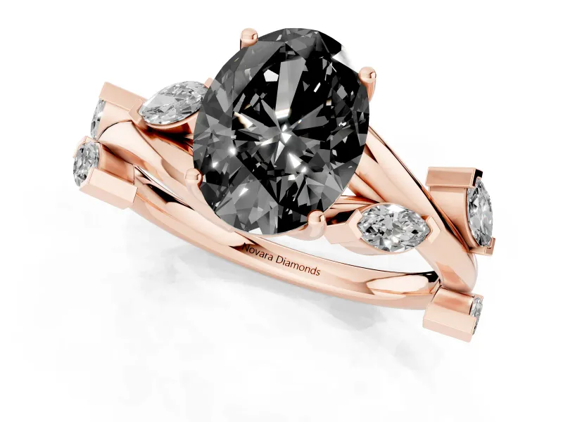 Fancy Black Oval Cut Diamond Solitaire Ring Set in Rose gold with Twisted Marquise Accent Band