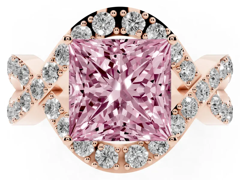Fancy Pink Princess Cut Diamond Solitaire Twist Band Pavé Engagement Ring Set in Rose gold