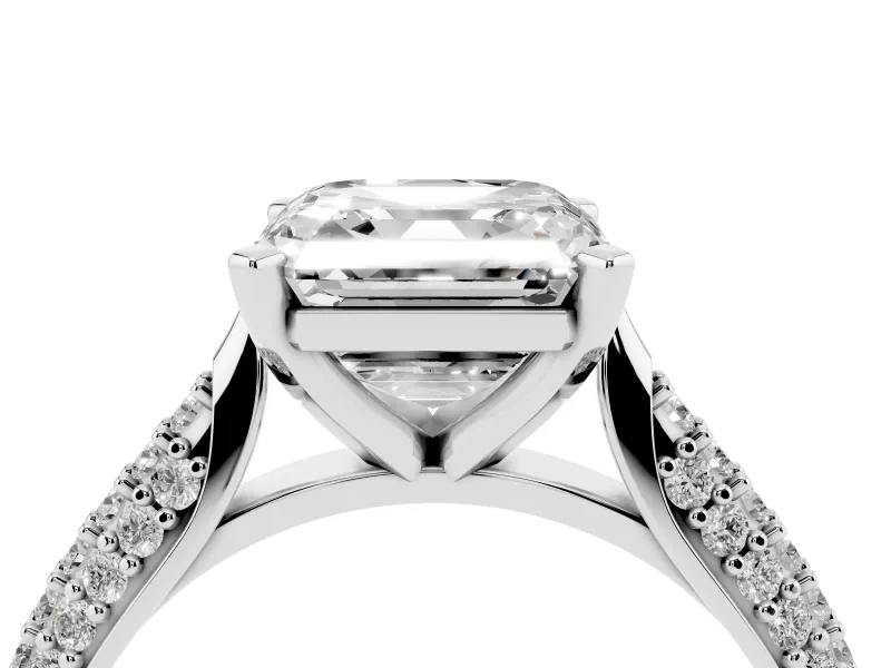 Asscher Cut Diamond Solitaire Engagement Ring Set in White gold with Multi-Row Round Pavé Band and Prong Setting