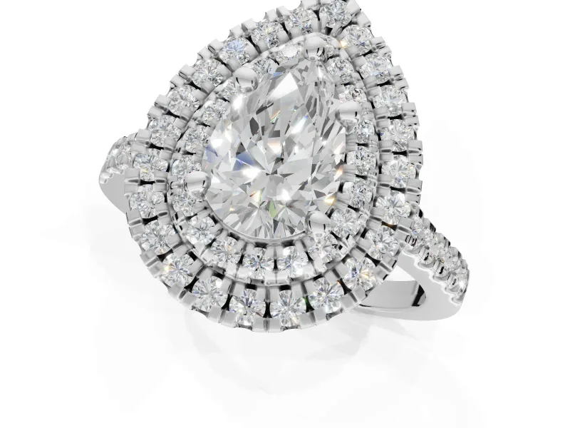 Pear-Shaped Lab-Grown Diamond Double Halo Statement Ring Set in Platinum with Pavé Band