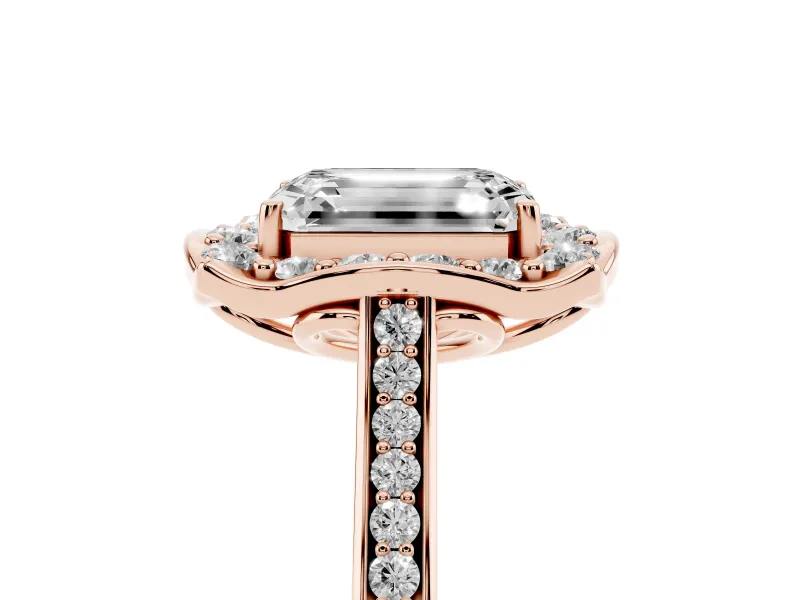 Emerald Cut Petal Tip Halo Engagement Ring Setting | Single Row Pavé Band | Rose Gold
