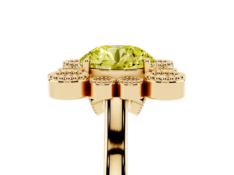 Round Milgrain Cluster Halo Engagement Ring Setting for a Fancy Yellow Lab-Grown Diamond | Plain Band | Yellow Gold