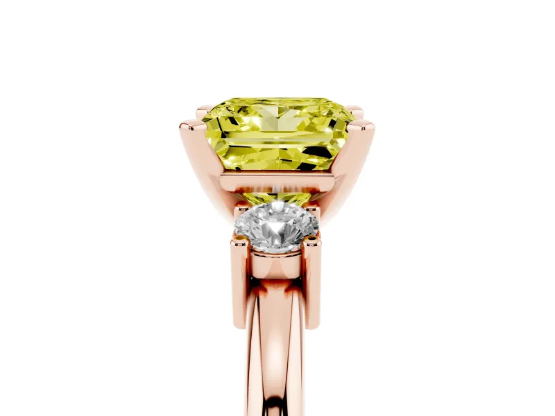 Princess Cut Three Stone Engagement Ring Setting for a Fancy Yellow Lab-Grown Diamond | Round Side Stones | Rose Gold