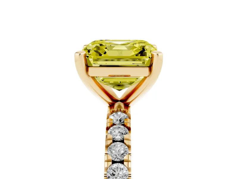Fancy Yellow Asscher Cut Diamond Pavé Band Solitaire Set in Yellow gold with Prong Setting