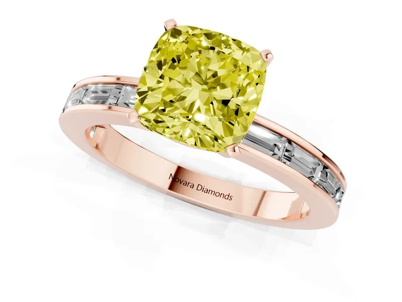 Fancy Yellow Cushion Cut Diamond Solitaire Ring Set in Rose gold with Channel-Set Baguette Band and Prong Setting