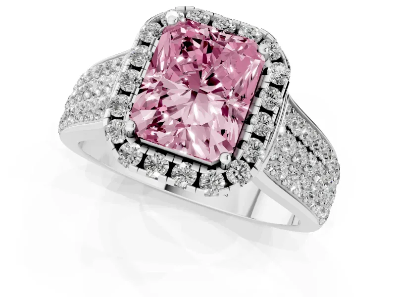 Radiant Cut Pavé Engagement Ring Setting for a Fancy Pink Lab-Grown Diamond | Wide Three-Row Band | White Gold