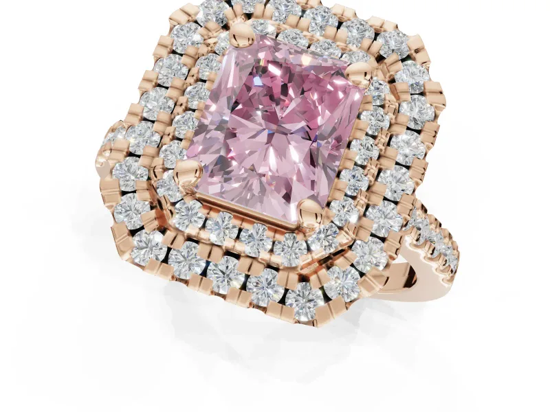 Radiant Cut Double Halo Engagement Ring Setting for a Fancy Pink Lab-Grown Diamond | Pave Shoulders | Rose Gold