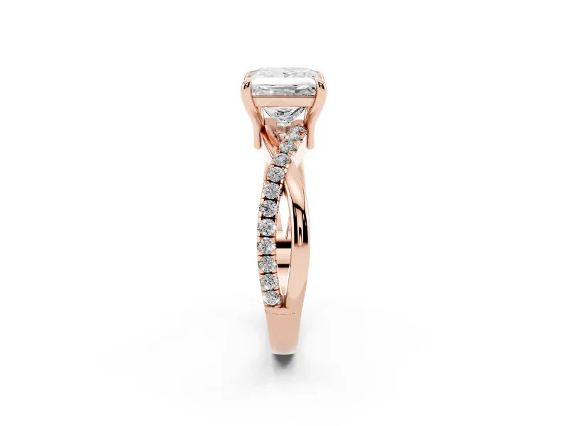Princess Cut Diamond Twist Band Solitaire Set in Rose gold with Pavé Accents and Prong Setting
