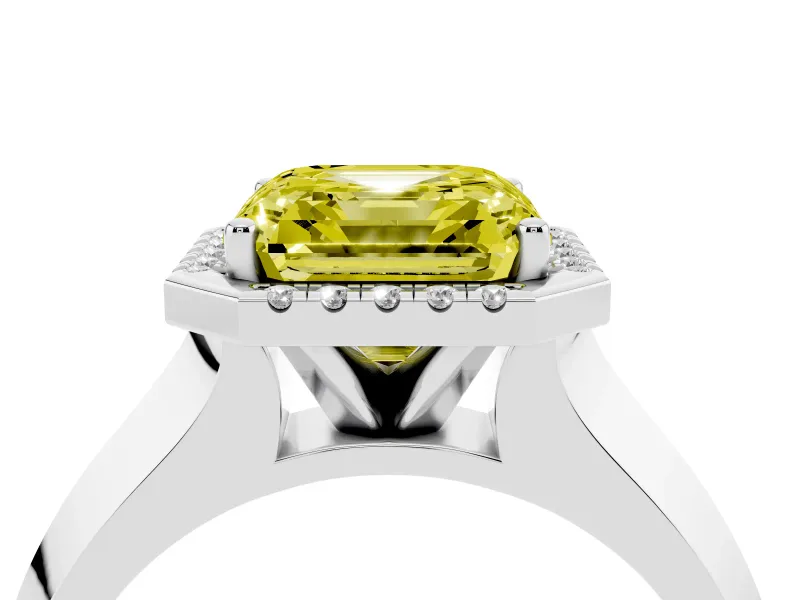 Fancy Yellow Asscher Cut Diamond Halo Ring Set in Silver with Cathedral Band and Prong Setting