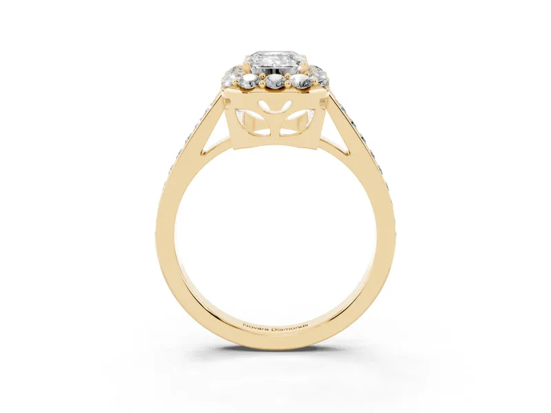 Emerald Cut Floral Halo Engagement Ring Setting | Large Round Accents | Yellow Gold